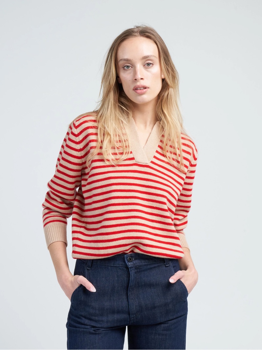 Demylee Lucian Merino Wool Sweater Small Red Stripe Collar Pullover